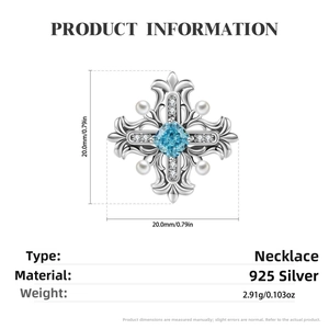Detail view of 925 sterling silver cross pendant with blue gemstone and white pearls