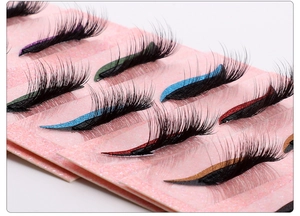 Detail view of sparkly glitter eyeliner stickers and thick dense false eyelashes