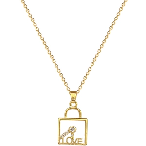 Elegant gold titanium steel necklace with rhinestone key lock pendant and LOVE engraving