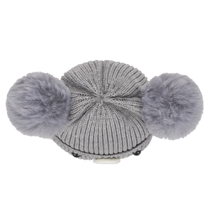 Cute grey baby knit hat with double fluffy pom-poms and minimalist animal style design