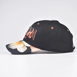 Unisex black baseball cap with 3D FLORA embroidery and white floral printed brim