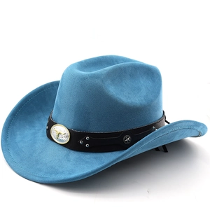Classic dark blue western cowboy hat in faux suede featuring a metallic bull head buckle