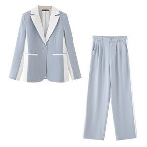 Women's light blue contrast collar blazer set with high-waisted wide-leg trousers