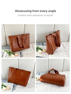 Detailed multi-angle views of brown PU leather tote bag with side pockets and spacious base