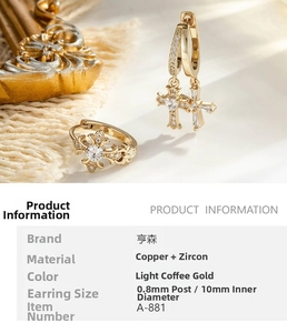 Detail of light coffee gold cross hoop earrings with zircons and 10mm inner diameter