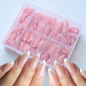 Pink French tip almond press-on nails set with storage box and manicure display