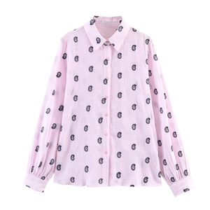Chemisier Femme Manches Longues Rayé Rose Avec Broderie Paisley Col Rabattu Coupe Décontractée Top Doux