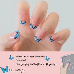 Translucent pink long square nails with vibrant blue butterfly 5D nail art stickers