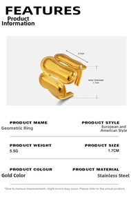 Detailed size guide of gold geometric stainless steel ring with dimensions and weight