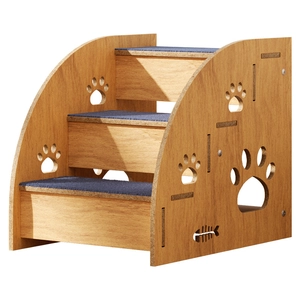 Solid wood 3-tier pet stairs with non-slip blue carpet pads and hollowed paw patterns