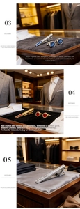 Close-up of luxury men's business tie clip and cufflinks set with blue crystal inlay