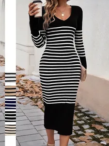 Striped Knit Dress V Neck Long Sleeve Bodycon Slim Fit Midi Casual Elegant Fashion For Women
