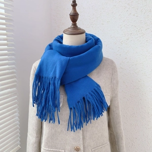Detailed close-up of blue cashmere-like scarf with fringe tassels worn by a model