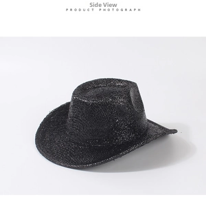 Side view of a black woven cowboy hat showing textured polyester straw and curved brim