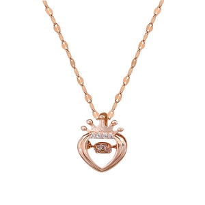 Elegant rose gold crown heart necklace with dancing pink gemstone and sparkling zirconias