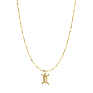 Detailed macro view of a gold Gemini zodiac pendant with micro-inlaid diamonds