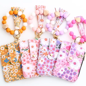Floral print PU leather card wallet set with silicone bead wristlet and tassel