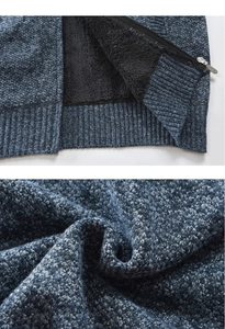 Detail of blue knitted cardigan featuring metal zipper and thick black fleece lining