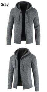Detail view of black knit cardigan with thick fleece lining and durable front zipper
