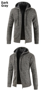 Detailed view of the dark grey thick knit cardigan with warm black fleece lining and hood