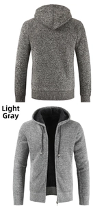 Detail of light gray zip-up knit cardigan with plush fleece lining and drawstring hood
