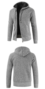 Detail view of men's thick grey knitted hoodie with warm fleece lining and sturdy zipper