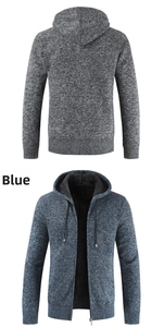 Detail of blue men's knitted zip jacket with thick fleece lining and marl texture