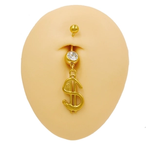 Piercing de nombril en acier doré avec pierre claire et pendentif signe dollar