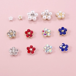Japanese style colorful 5-petal flower nail charms with pearls and rhinestones
