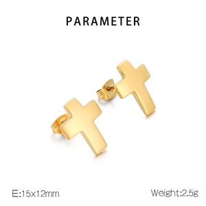Detail view of 18K gold plated stainless steel cross earrings with size dimensions