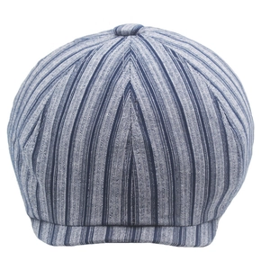 Close-up of blue and white striped cotton linen newsboy cap with classic top button