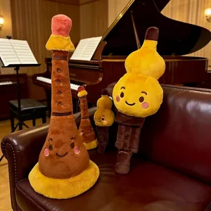 Cartoon instrument plush dolls featuring Suona and Hulusi shapes on a leather sofa