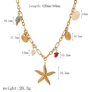 Detail view of gold ocean necklace with starfish, shell charms and measurement labels