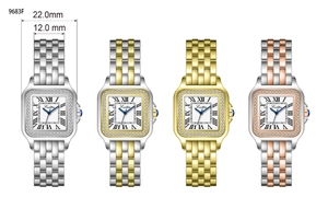 Detail view of four square women's watches with diamond bezels and roman numerals