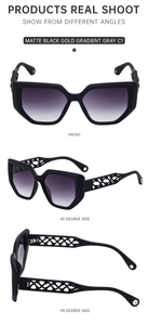 Detail of matte black sunglasses featuring unique geometric hollow temple design
