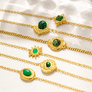 Vintage 18K gold plated titanium steel bracelets with emerald and malachite gemstones