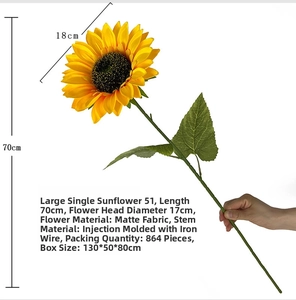 Detail showing 70cm single sunflower dimensions with 18cm large yellow petals and stem
