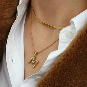 Double layer 18K gold plated stainless steel H-pendant necklace with zircon inlay