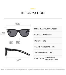 Detailed size chart for kids square sunglasses showing dimensions and PC frame specs