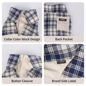 Plaid pet shirt with turn-down collar and decorative pocket in navy and beige design