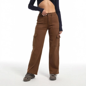 Women's high waist wide leg brown cargo pants with side pockets and straight fit