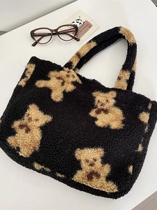 Black teddy bear print fleece tote bag with double handles for autumn and winter casual use