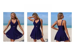 Three-way view of navy blue one-piece swimsuit with V-neck knot and laser-cut skirt