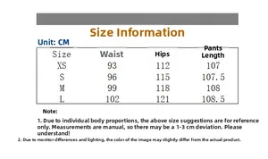 Size guide table for vintage parachute cargo pants showing waist and hip measurements