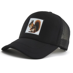 Black trucker hat with realistic squirrel patch, mesh back design, white background