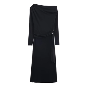 Elegant black off-the-shoulder long sleeve dress with waist pleats and pearl detail