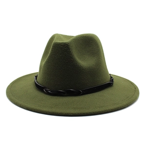 Detail of army green wide brim fedora hat featuring a black braided leather hatband