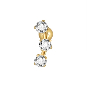 Close-up of gold-plated curved barbell stud with three prong-set clear zircon stones
