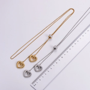 Dual layer love heart necklaces with spiral texture and crystal sliding bead adjuster