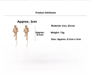 Detail specifications of golden flower zircon tassel earrings measuring 8.5cm by 3cm